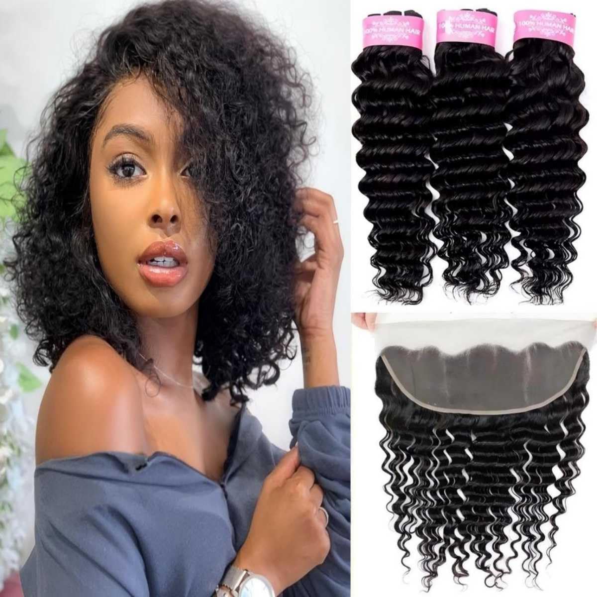 Sexycat Deep Curly Bundles with 13x4 HD Lace Frontal Human Hair 12 14 16+10 Inch 100% Unprocessed Brazilian Virgin Hair Extensions Water Wave Weave Bundles with Lace Frontal — image 1