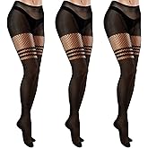 SATINIOR 3 Pairs Faux Thigh High Fishnet Stockings for Women, Black Patterned Tights Opaque Pantyhose for Valentine Costume(Stylish Style)