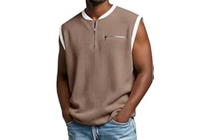 Waffle Tank Top for Men Henley Quarter Zip Sleeveless Shirts Lightweight Loose Tanks Pullover with Zipper Pockets