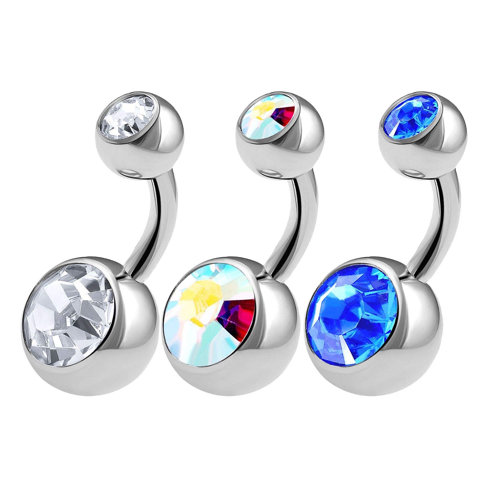 3PCS 316L Surgical Steel Short Belly Button Rings Studs 14 Gauge 1/4 6mm Clear AB Sapphire Shallow Navel Bars Jewellery 0636