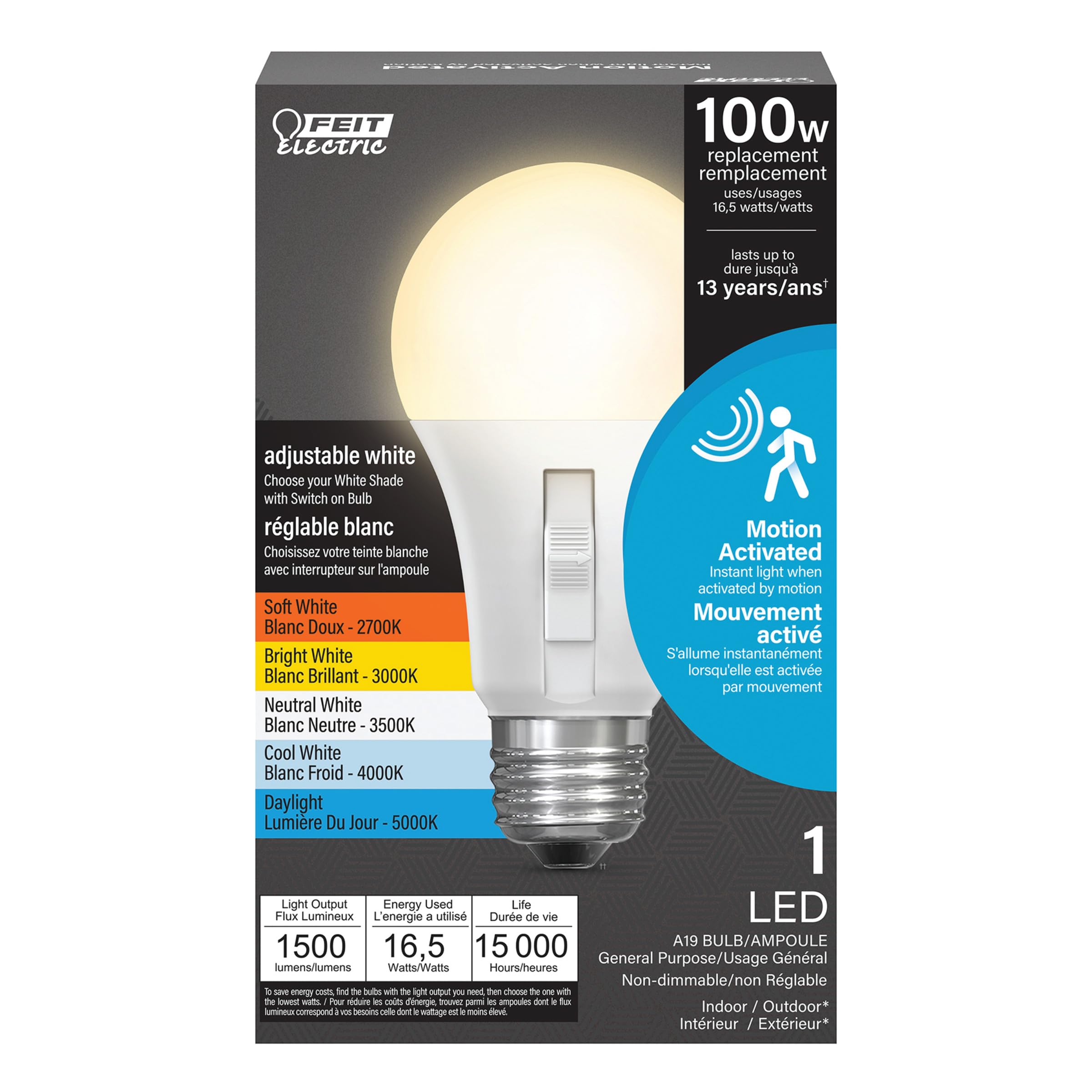 Photo 1 of Feit Electric LED Motion Sensor Light Bulb, A21 100W Equivalent, 5CCT, Non-Dimmable, E26 Medium Base, 90 CRI, 1500 Lumens, Adjustable White, 15 Years Lifetime, OM100/5CCTCA/MM/LEDI