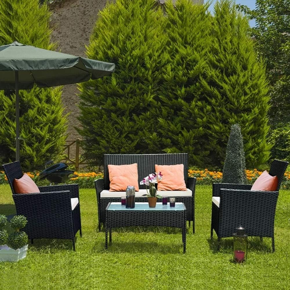 bigzzia Rattan Garden Furniture Set 4 Piece Patio Sofa Armchairs Table Black