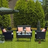 bigzzia Rattan Garden Furniture Set 4 Piece Patio Sofa Armchairs Table Black