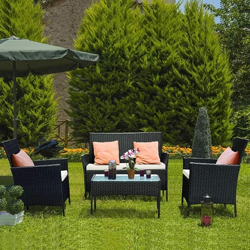 bigzzia Rattan Garden Furniture Set 4 Piece Patio Sofa Armchairs Table Black