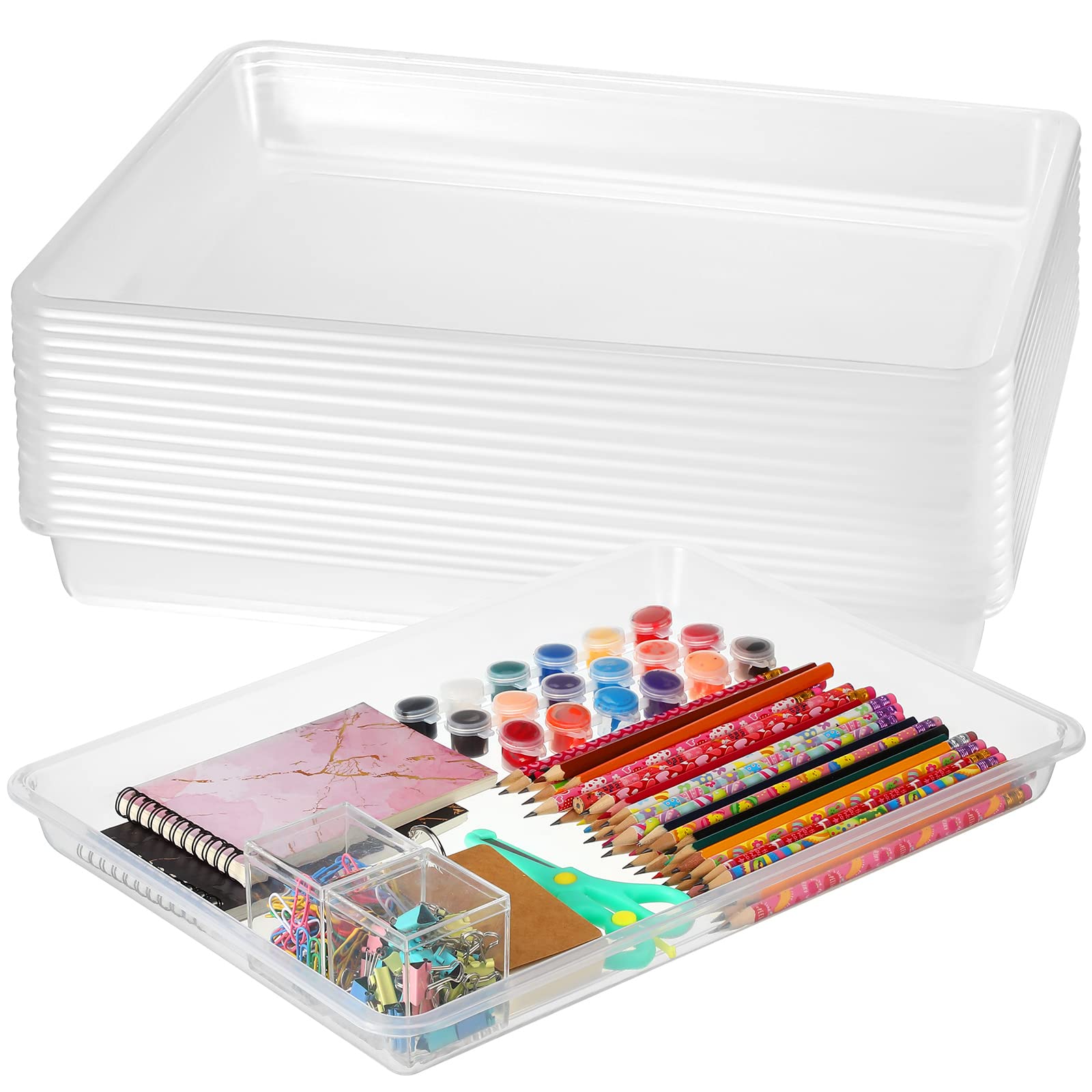 Photo 1 of Maitys 15 Pcs Flat Plastic Trays 16.1 x 11.8'' Sensory Storage Tray Paper Stackable Classroom Bins for Office Home Organizer Arts and Crafts Supplies(Clear)