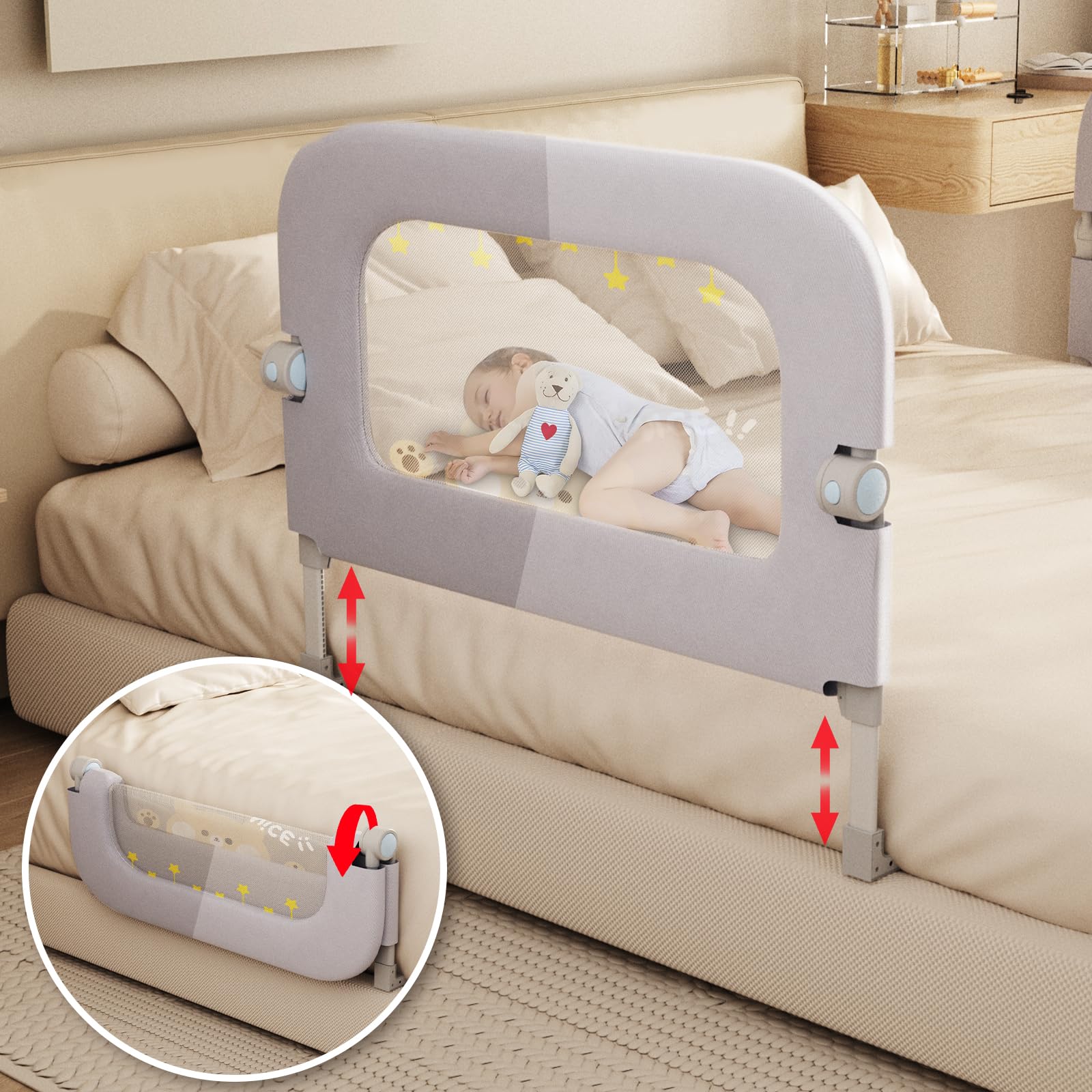 Baby Bed Rail Guard for Toddlers - 32'' U Shaped Extra Large Reinforced Swing Down Foldable Toddler Bed Rails for Kids - Safety Baby Bed Rail Guard Great Fit for Kids Twin,Full,Queen,King Size Bed