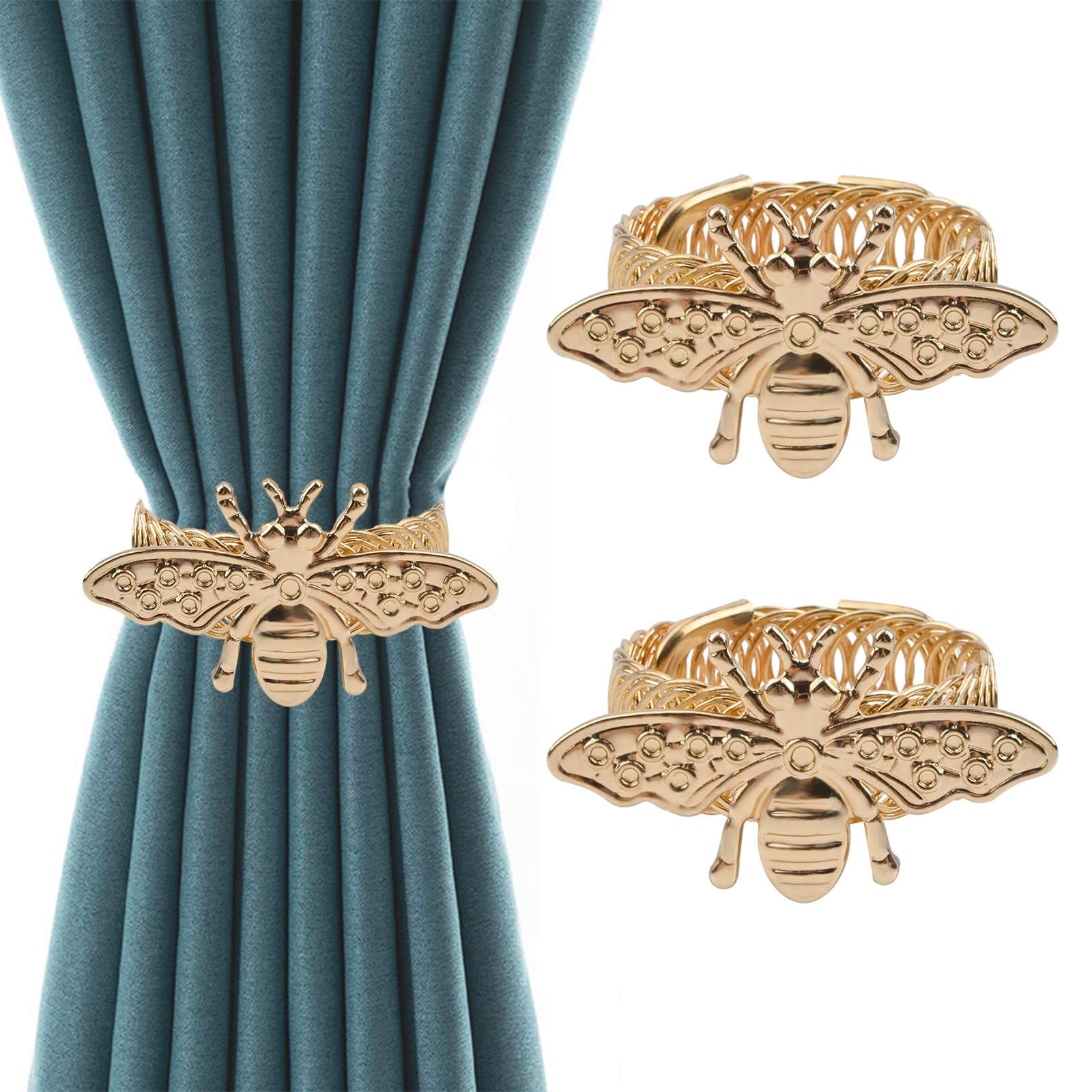 UFURMATE Alloy Bee Curtain Holdbacks - 2Pcs Gold Window Curtain Tiebacks with Stretchy Wire Rope for Home Decor