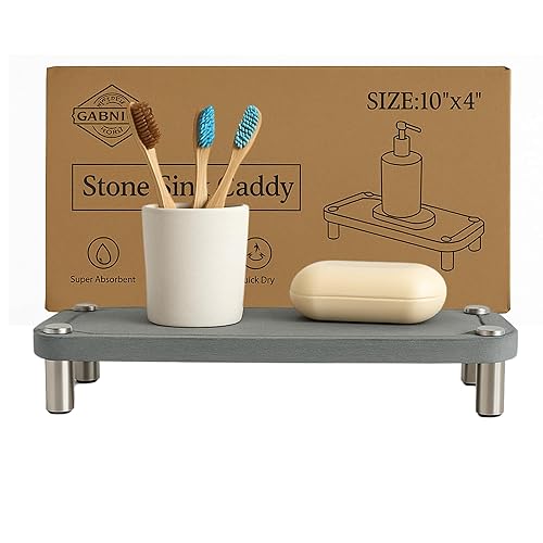 GABNICO Home Sink Caddy - Water Absorbing Stone Tray for Sink - Stainless Steel Feet - Fast-Drying Stone Sink Tray for Kitchen Counter (Grey, 10"X4")