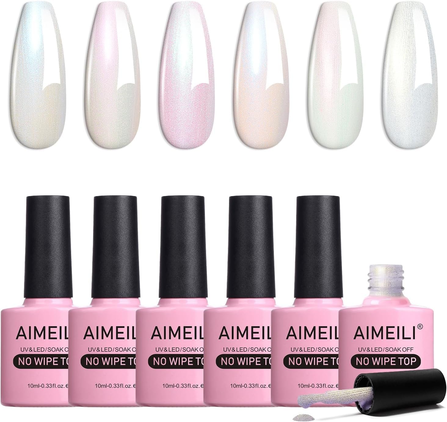 AIMEILI Glitter Gel Top Coat Gel Polish Set, Micro Aurora No Wipe UV LED, Rainbow Shimmer Nail Art Top, High Gloss Shiny Finish, 6pcs X 10ml - Kit 75