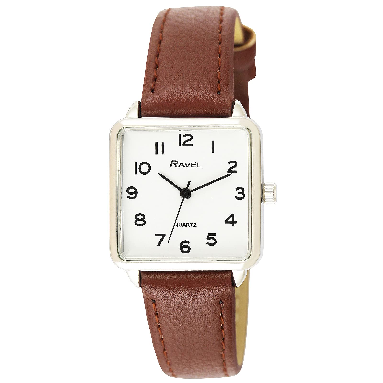 Ravel Women's Classic Square Everyday Watch with Clear Numbers - Tan/Silver Tone