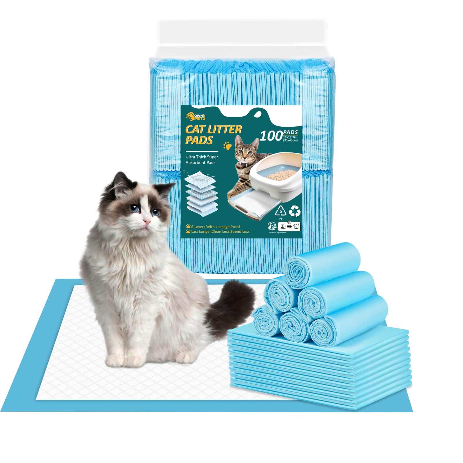Ownpets Cat Litter Pads 45X33CM Leak-proof 6-Layer Kitten Potty Training Pads Cat Litter Box Pee Pads with Super Absorbent Surface for Pets, 20 Pack
