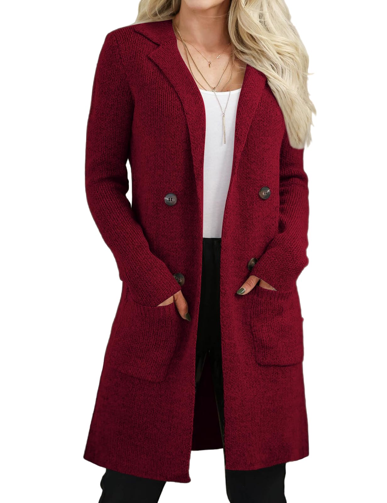 Photo 1 of VIMPUNEC Women's Fall Knit Open Front Long Cardigan Sweater Casual Jacket Coatigan with Pockets Burgundy XL