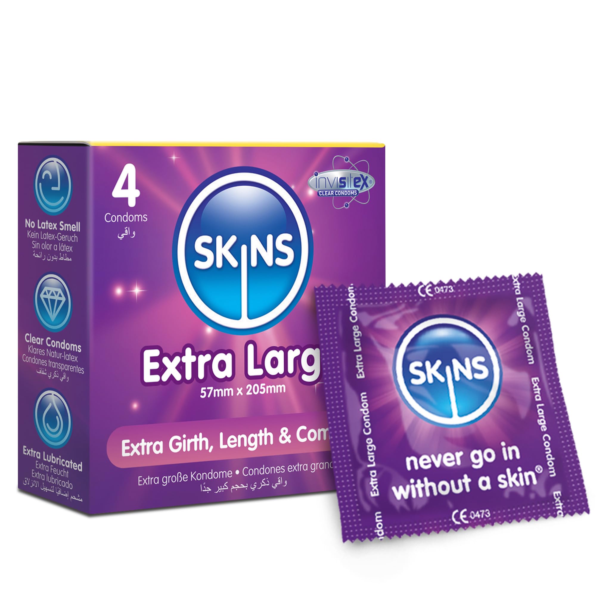 Skins Extra Large XL Condoms – Natural Latex Extra Large Condom; pre lubed for Comfort - Discreet Pack of 4 — image 1