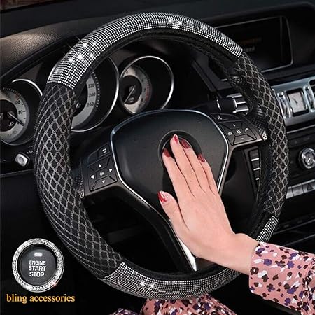 Amazon Alvaza アイスシルクレザー ハンドルカバー クリスタルキラキララインストーン付き カーダイヤモンド 滑り止め 通気性 ハンドルカバー 15インチ ユニバーサルデザイン キラキラリング ハンドルカバー 車 バイク