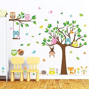 decalmile Owl and Tree Large Wall Decals Forest Animals Birds Monkey Wall Stickers Baby Nursery Kids Bedroom Playroom Wall Decor (Tree Size: 41