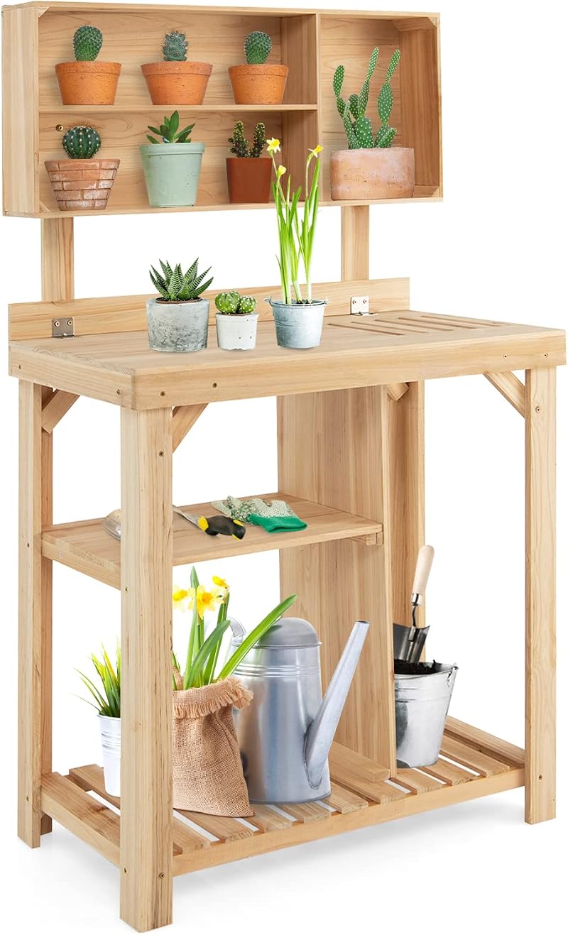 TANGZON Wooden Potting Table with Compartments & Shelves, 80x42x136cm