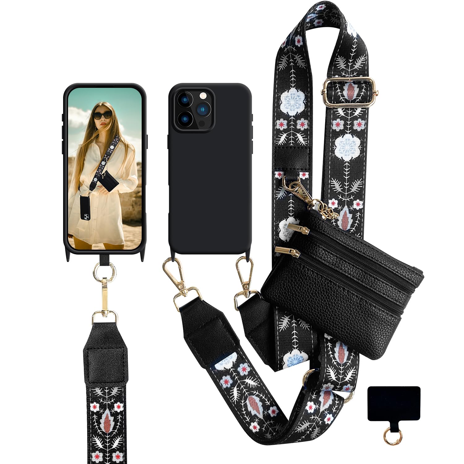 VooDirop Clip and Go Strap with Phone Case and Wallet Crossbody, Phone Strap with Zippered Pouch, Adjustable Cell Phone Lanyard and Wristlet for Women Compatible with iPhone 16 Pro Max 6.9'' Black