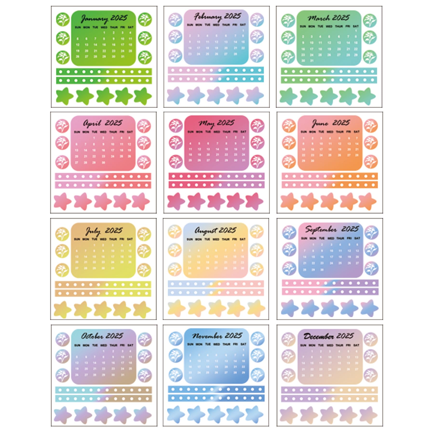 2025 Mini Monthly Calendar Sticker 3.2 x 3.75inch Date Car Calendar Labels for Journal Planner Notebooks