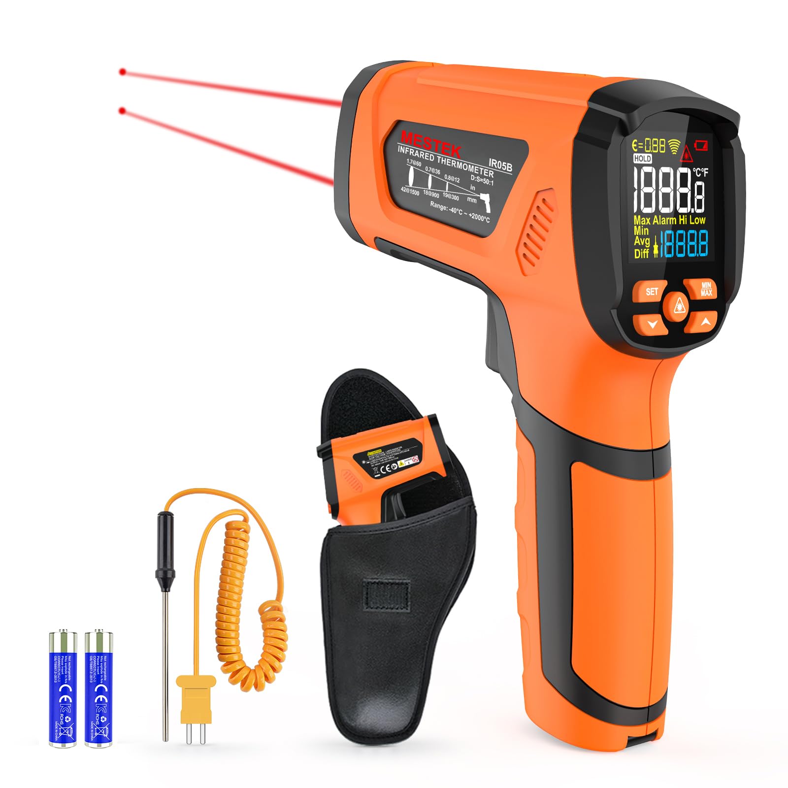 Photo 1 of -40?~3632?, MESTEK Infrared Thermometer Temperature Gun, High Temp Thermometer with Thermocouple Probe, Non-Contact 50:1 Pyrometer Dual Laser Thermometer Gun for Engine, Kiln, Forging, Industrial