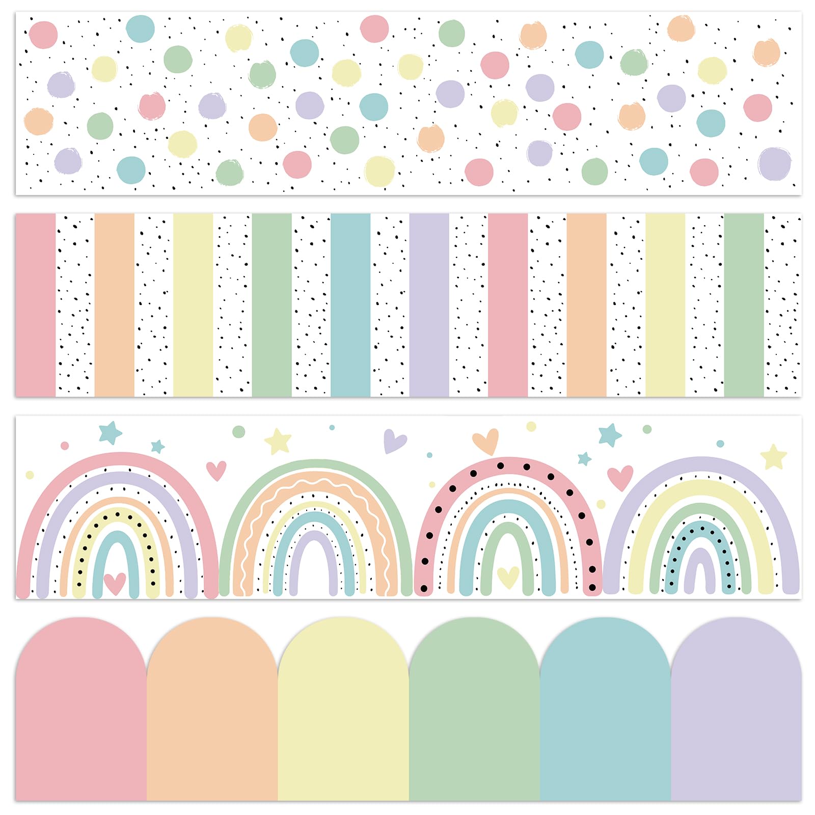 Photo 1 of Mooliwe 4 Rolls 118 ft Pastel Bulletin Board Border Classroom Rainbow Hearts Polka Dot Border Trim Bulletin Board Scalloped Stripe for School Classroom Chalkboard Office Decoration, 4 Designs