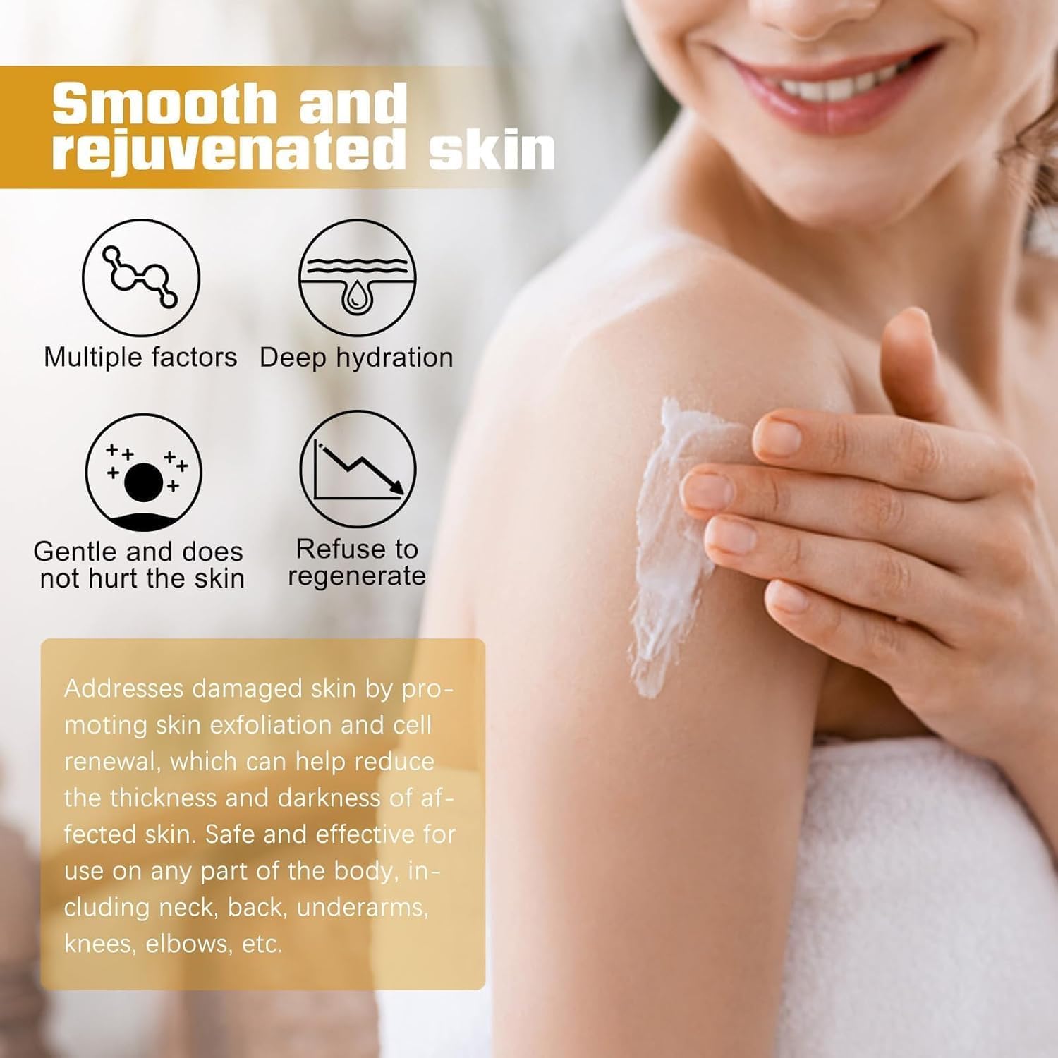 Image showing the cream's soft texture and a hand applying it to the skin, emphasizing hyperpigmentation care and natural ingredients.