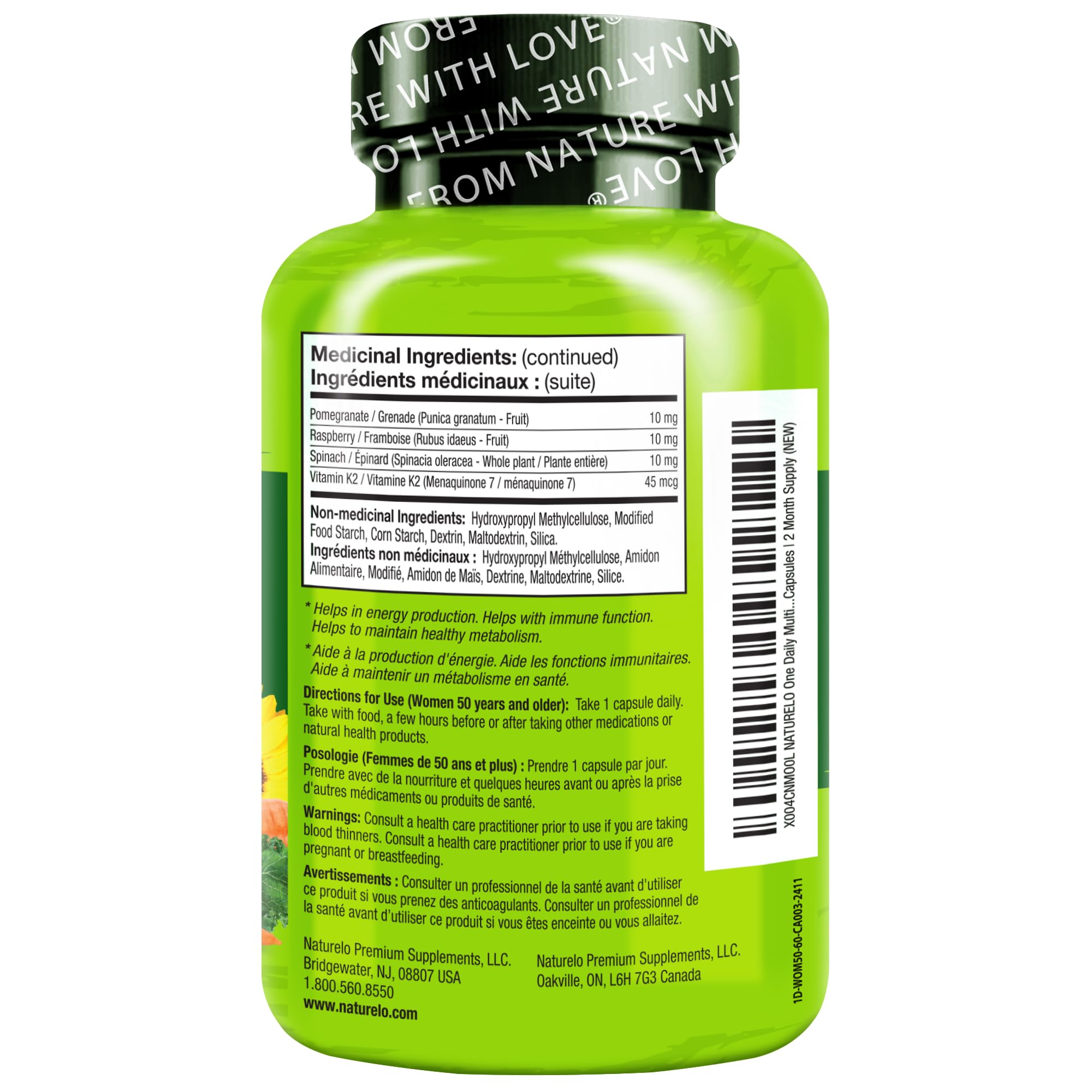 NATURELO One Daily Multivitamin for Women 50+ (Iron Free) - Menopause Support for Women Over 50 - Whole Food Supplement - Non-GMO - No Soy - 60 Capsules - 2 Month Supply