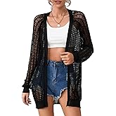 Women's Crochet Cardigan Sweater Long Sleeve Open Front Lightweight Boho Cover Up Summer Knit Cardigans Black