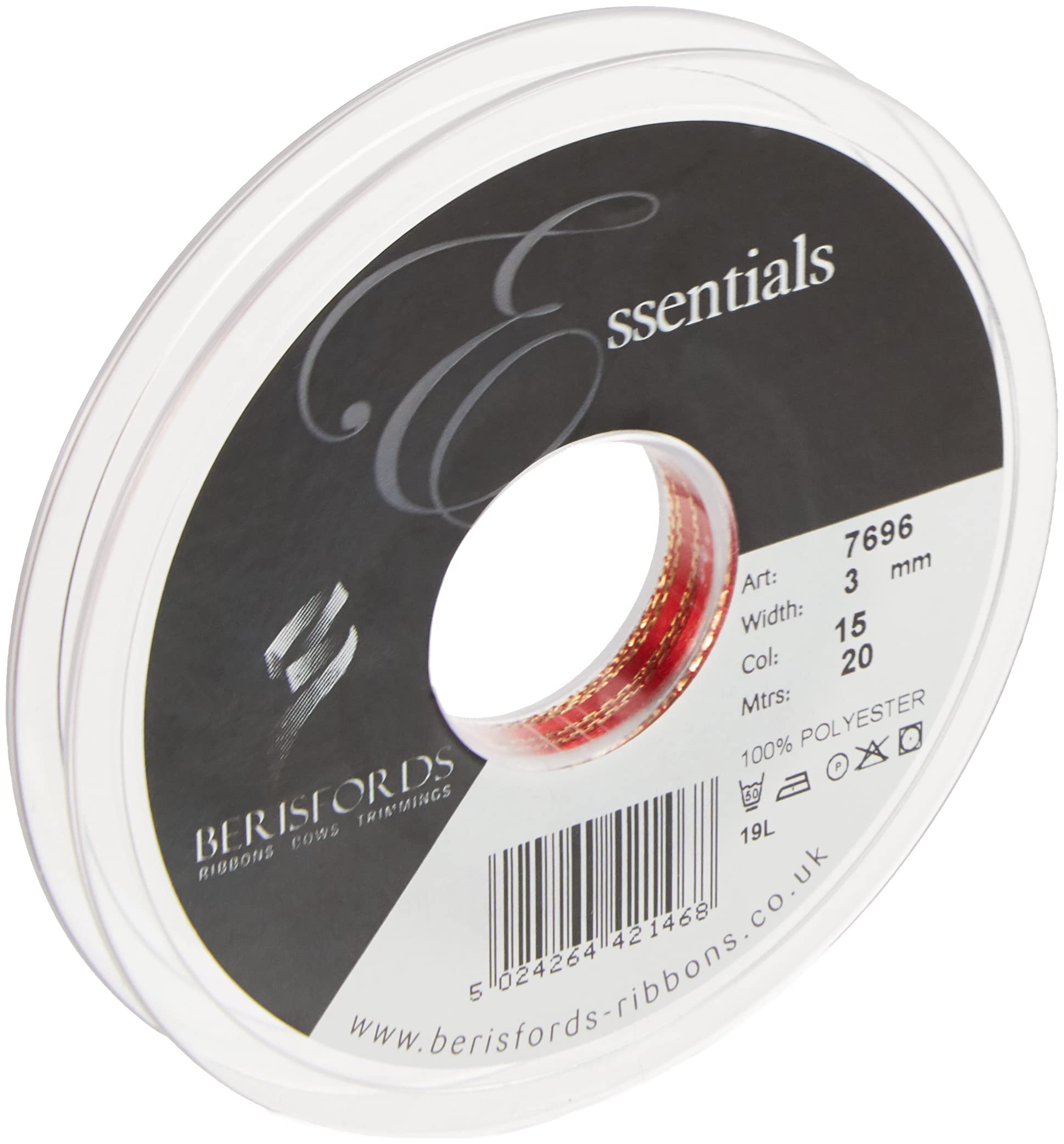 Berisfords 3 mm Gold Edge Satin Ribbon, Red