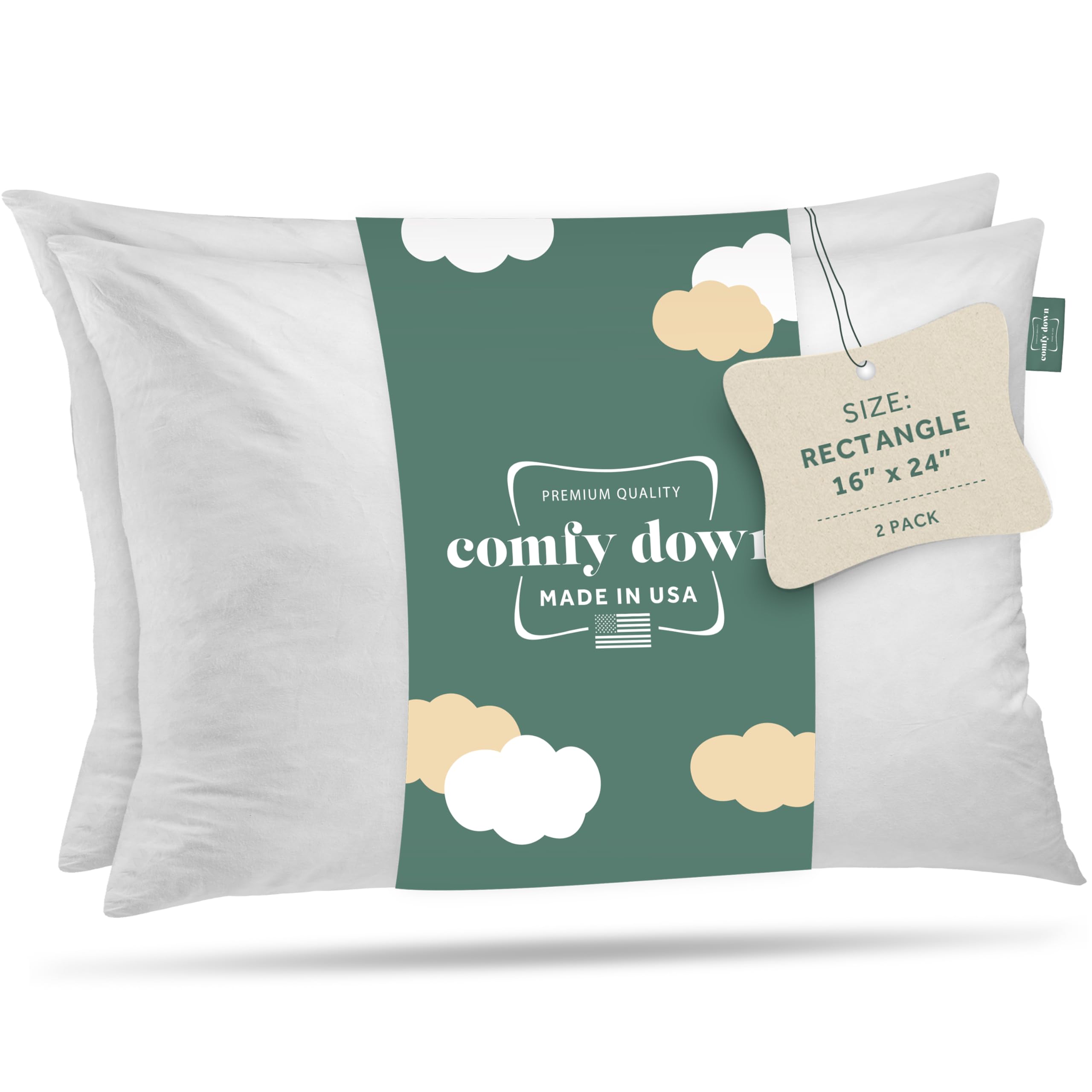 Photo 1 of 16x24 Decorative Throw Pillow Insert, Down and Feathers Fill, 100% Cotton Cover 233 Thread Count, Rectangle Pillow Insert - Made in USA (2 Pack)