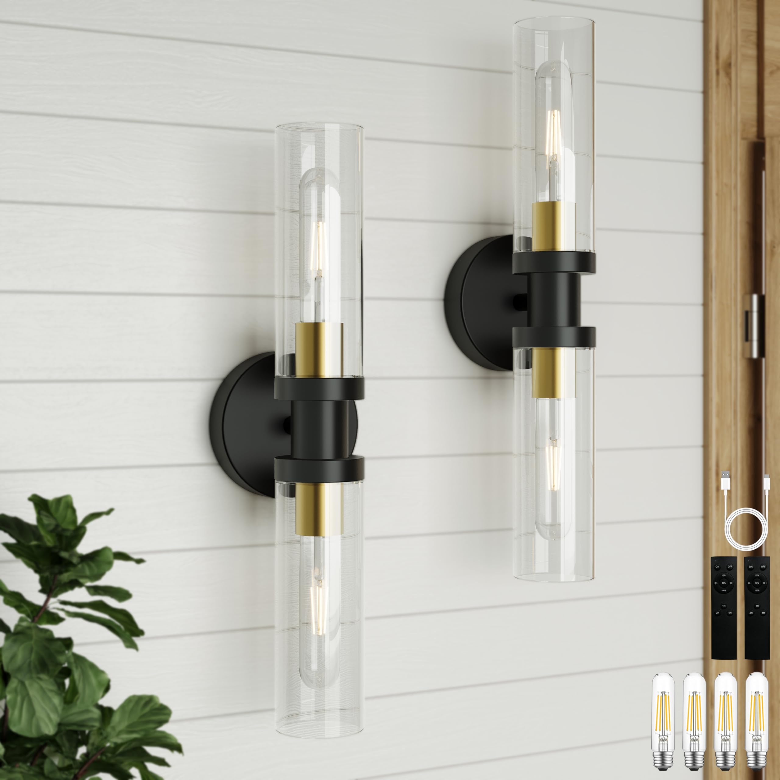 Photo 1 of Rayogale Rechargeable Battery Wall Sconce 2 - Wireless, Dimmable, Timer, Remote, Touch Control, 3000K, USB-C Charging for Living Room, Bedroom Black Gold 2 Pack (Include 4 Specia Bulbs)
