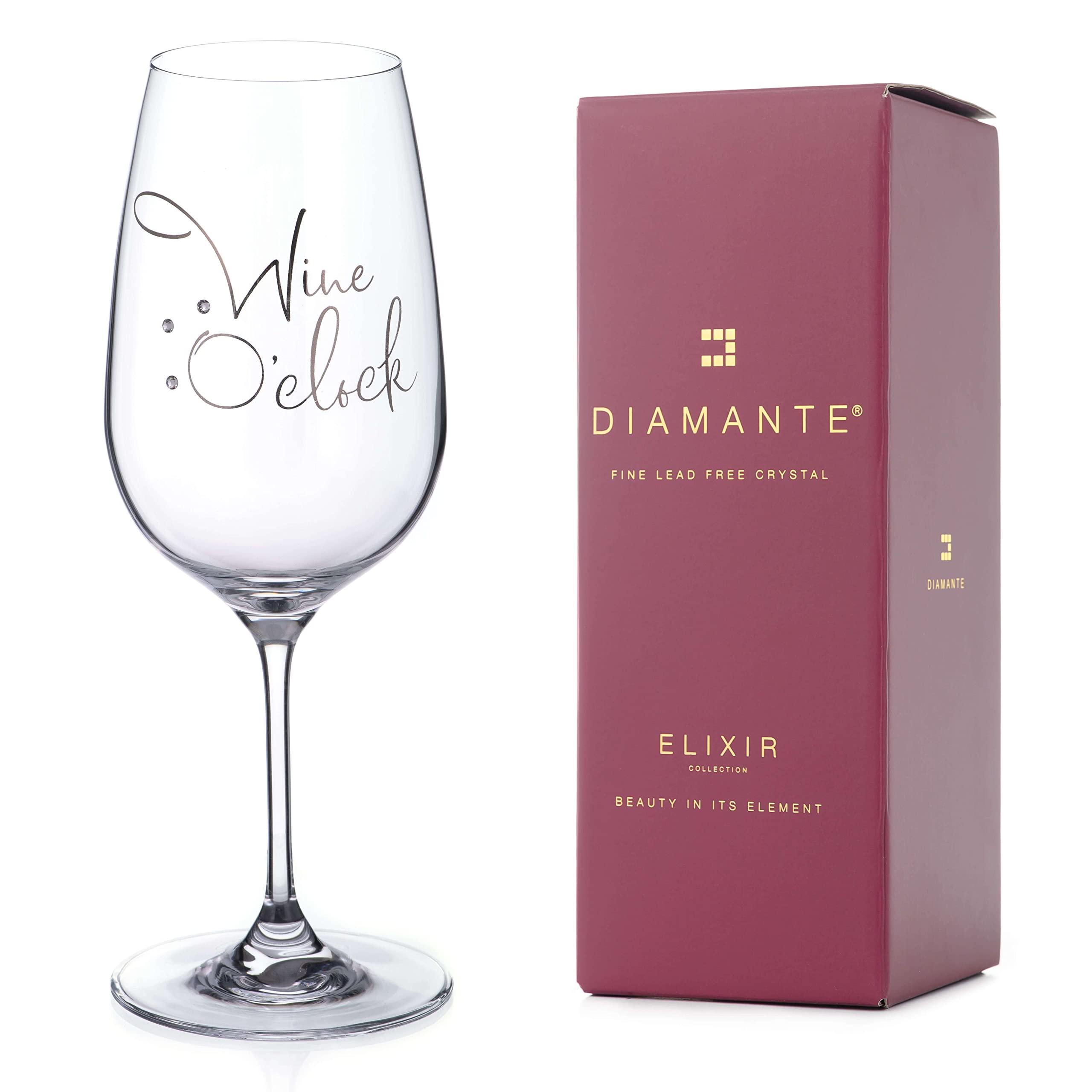 DIAMANTE "Wine O’Clock Glass – Single Crystal Wine Glass with Fun Novelty Slogan Embellished with Sparkling Crystals