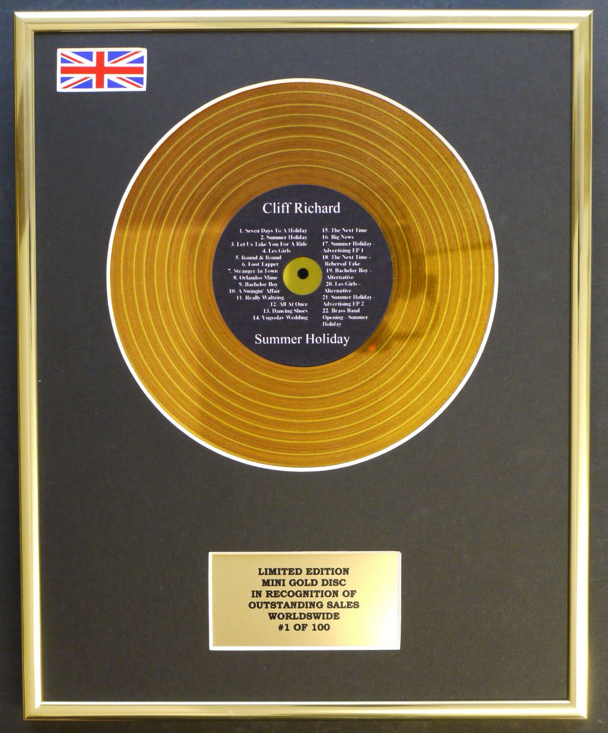 CLIFF RICHARD/MINI GOLD DISC DISPLAY/LIMITED EDITION/COA/SUMMER HOLIDAY