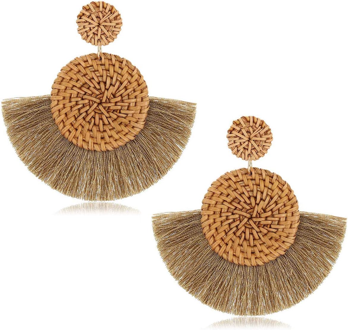Weave Straw Double Disc Drop Earrings Boho Rattan Dangle Statement Earrings