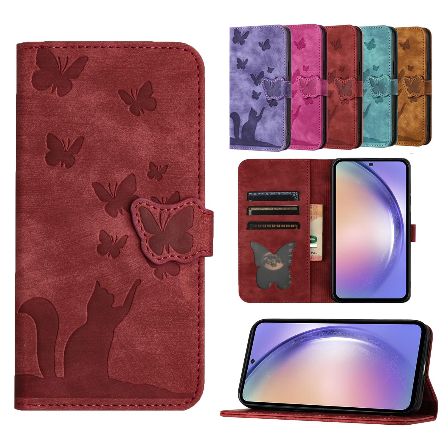 TEDTIKJT Cover Xiaomi 11T/Xiaomi 11T Pro PU Leather Flip Wallet Card Slot Magnetic Protective Phone Case for Xiaomi 11T/Xiaomi 11T Pro Butterfly Cat Pattern - Red