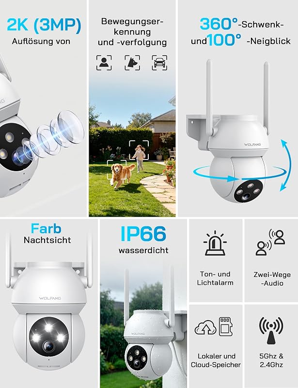 2K 3MP Überwachungskamera für den Außenbereich, 360° PTZ WLAN-Kamera, Farbnachtsicht, KI-Erkennung, Ton- und Lichtalarm, IP65 wetterfest, funktioniert mit Alexa und Google Home, Keine