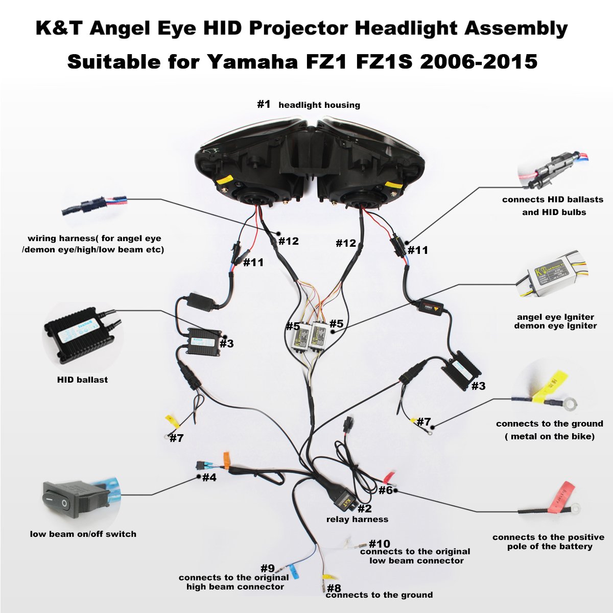 Amazon.com: KT Headlight Assembly for Yamaha FZ1 FZ1S 2006-2015 White Angel  Eye: Automotive
