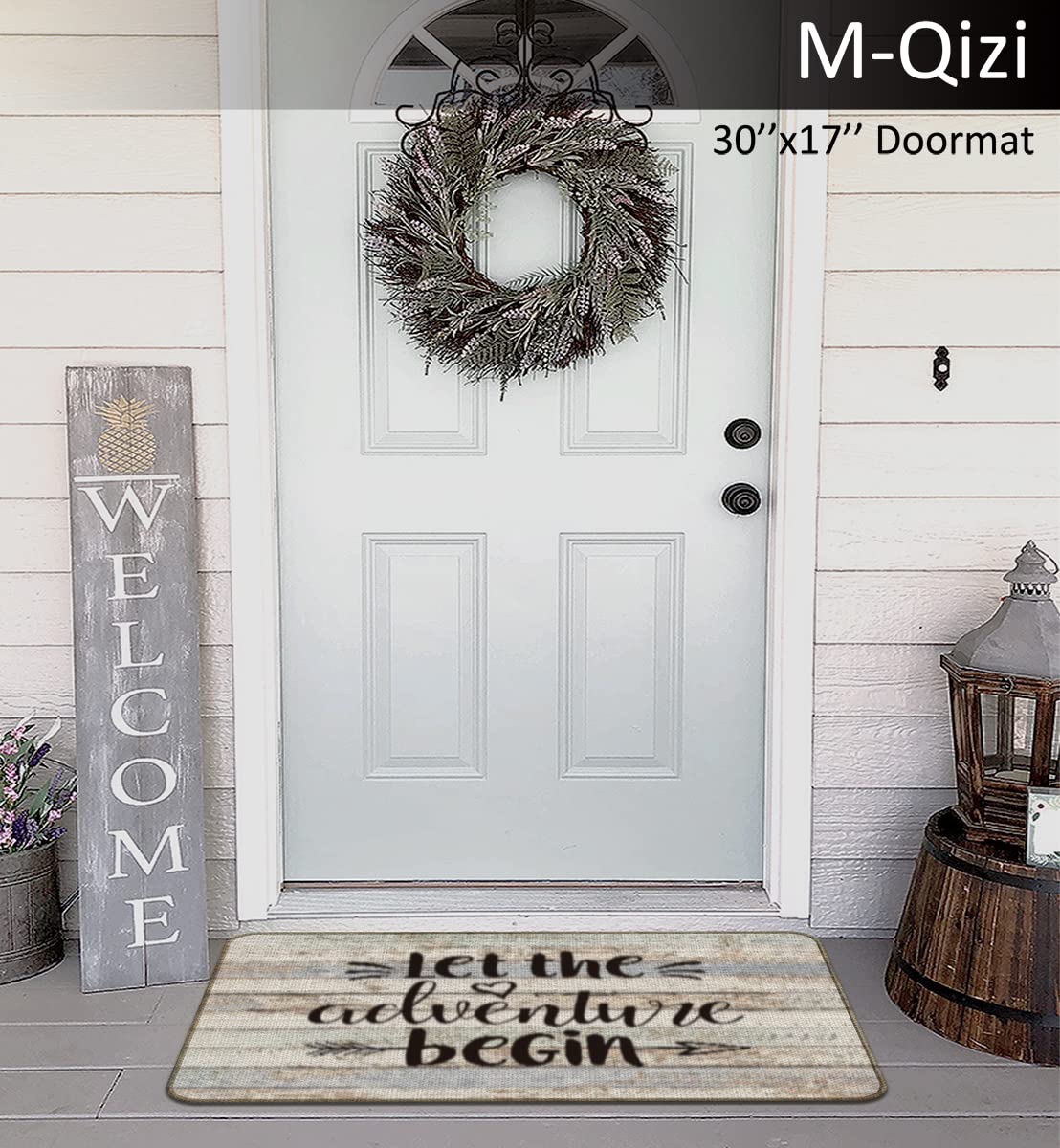 M-Qizi Welcome to Our Rolling Estate Decorative Doormat 17”X30”,Happy Camper Let The Adventure Begin Reversible Throw Pillowcase 18”X18”,2 Pieces Set(1 Pillow Cover 1 Doormat) Decor for Campsite RV - Image 5