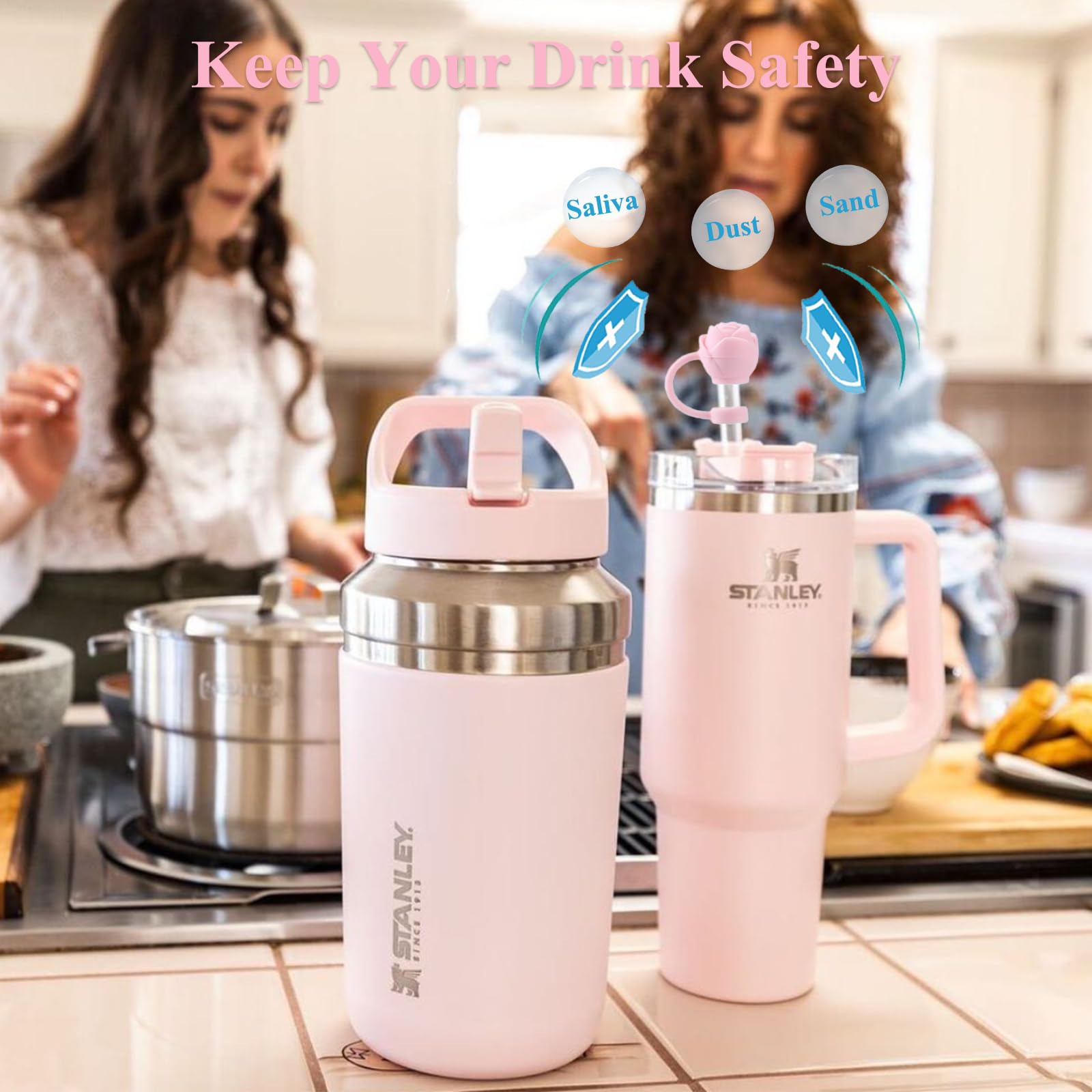 Amreich Valentines Day Straw Covers - Pink Rose Straw Toppers Romantic Stanley Cup Accessories for Girls Girlfriend