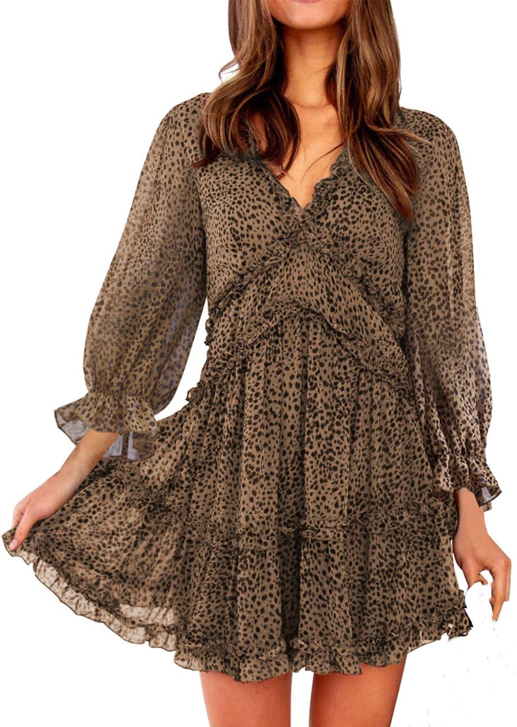 Happy Sailed Womens Summer Long Sleeve Dress 2023 Deep V Neck Ruffle Layer Swing Mini Dresses