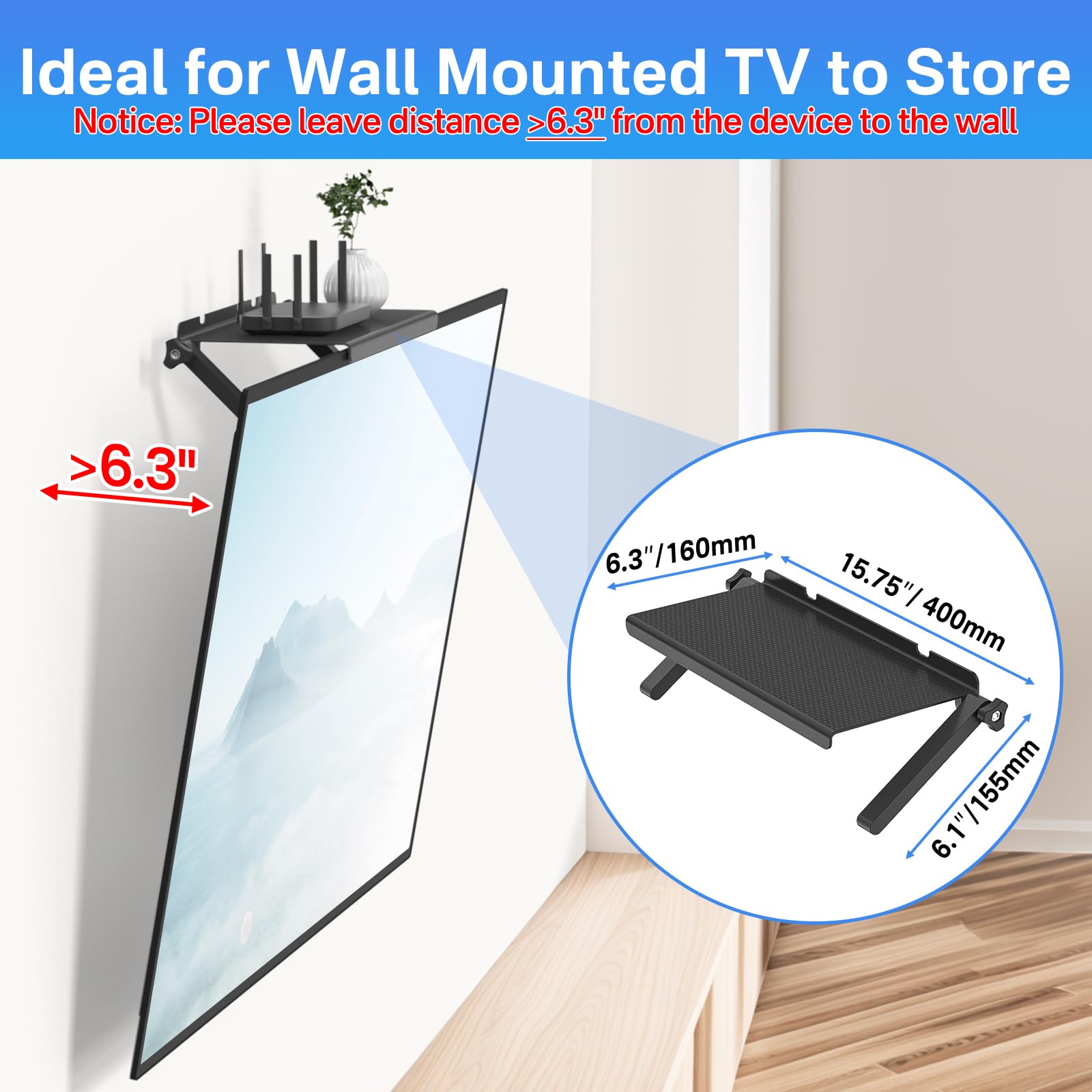 13 Inch Wide Platform TV Top Shelfs - Adjustable Cable Box Shelf for Wall Mounted TV Shelf for Cable Box, Streaming Devices, Router and Home Decor Easy to Install Monitor Top Shelves