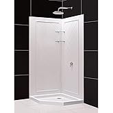 DreamLine 42 in. x 42 in. x 76 3/4 in. H Neo-Angle Shower Base and QWALL-4 Acrylic Corner Backwall Kit in White, DL-6047C-01