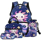 Gomyblomy Galaxy Axolotl Backpack for Girls 6-8 8-10 Kids School Bag with Lunch Bag Pencil Case Water Bottle Sleeve 4 in1 Set for Elementary Kindergarten 17 Inch Girls Bookbag with Compartment