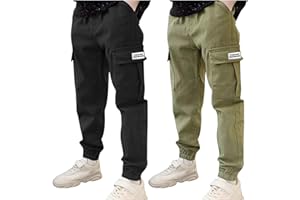 BXJX 2 Pack Boys Cargo Pants Casual Elastic Waist Pull On Trousers with Multi Pockets Fashion School Pants for Boys 3-14Y
