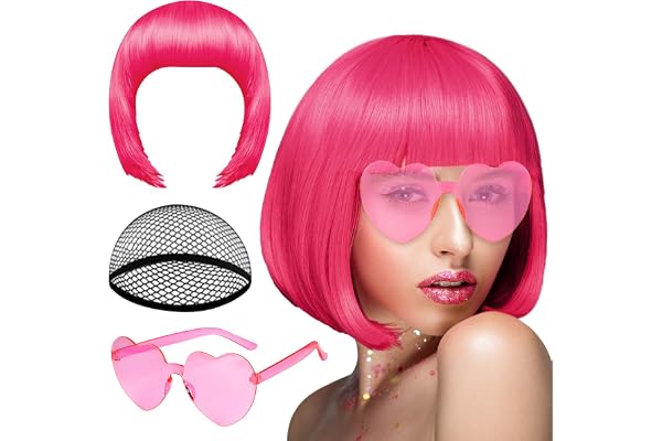 PLULON Peach Pink Bob Wig and Sunglass Set, Neon Short Bob Wig Sunglass Pack Costume Colorful Cosplay Wig Hairpieces for Bach