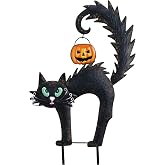TERESA'S COLLECTIONS Outdoor Halloween Decor Black Cat Solar Garden Stake | 25 Inch Metal Black Cat Stake with Hanging Jack-o'-Lantern for Halloween Decorations Outdoor, Yard Lawn Garden Pathway Decor