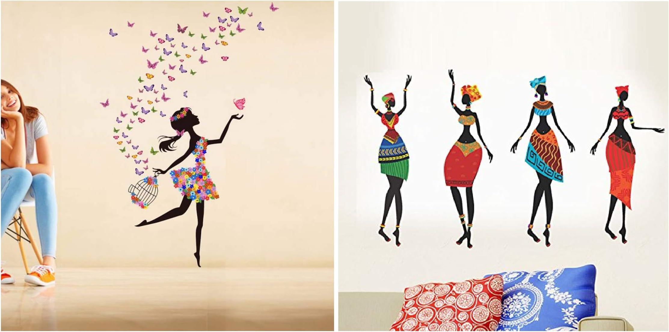 Decals Design 'Dreamy Girl with Flying Colourful Butterflies' Wall Sticker (PVC Vinyl, 60 cm x 90 cm & ' African Women' Wall Sticker (PVC Vinyl, 50 cm x 70 cm, Black) Combo