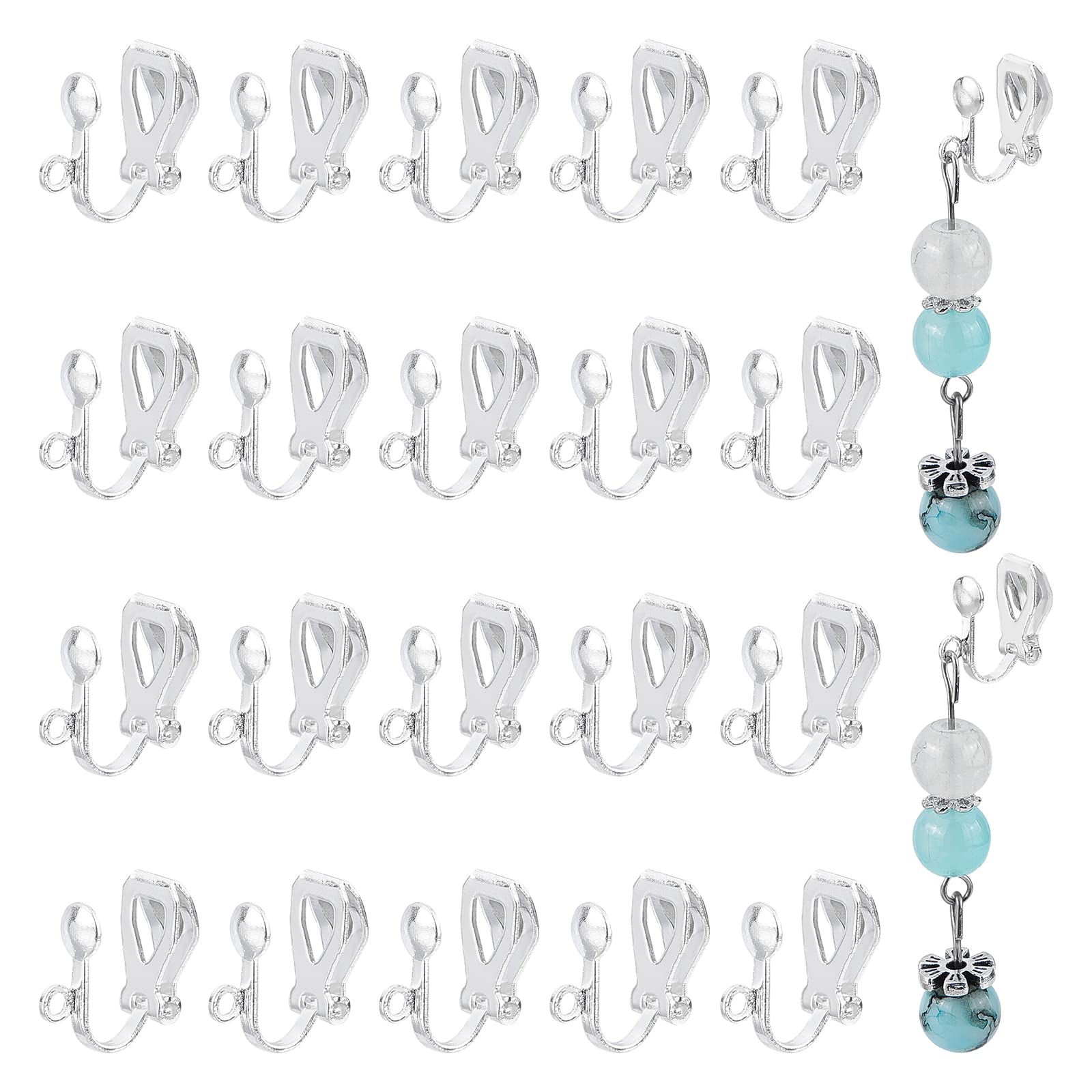 PH PandaHall 50pcs Clip-On Earring Hooks Non-Pierced Earring Findings Clip on Earrings Converter Earring Clip Backs Ear Hooks Findings for Earrings DIY Jewellery Making Women, 13x6x7mm, Silver