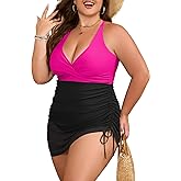 B2prity Women's Plus Size One Piece Swimdress Swimsuit Tummy Control Slimming Swim Dress Mesh Drawstring Skirted Bathing Suit
