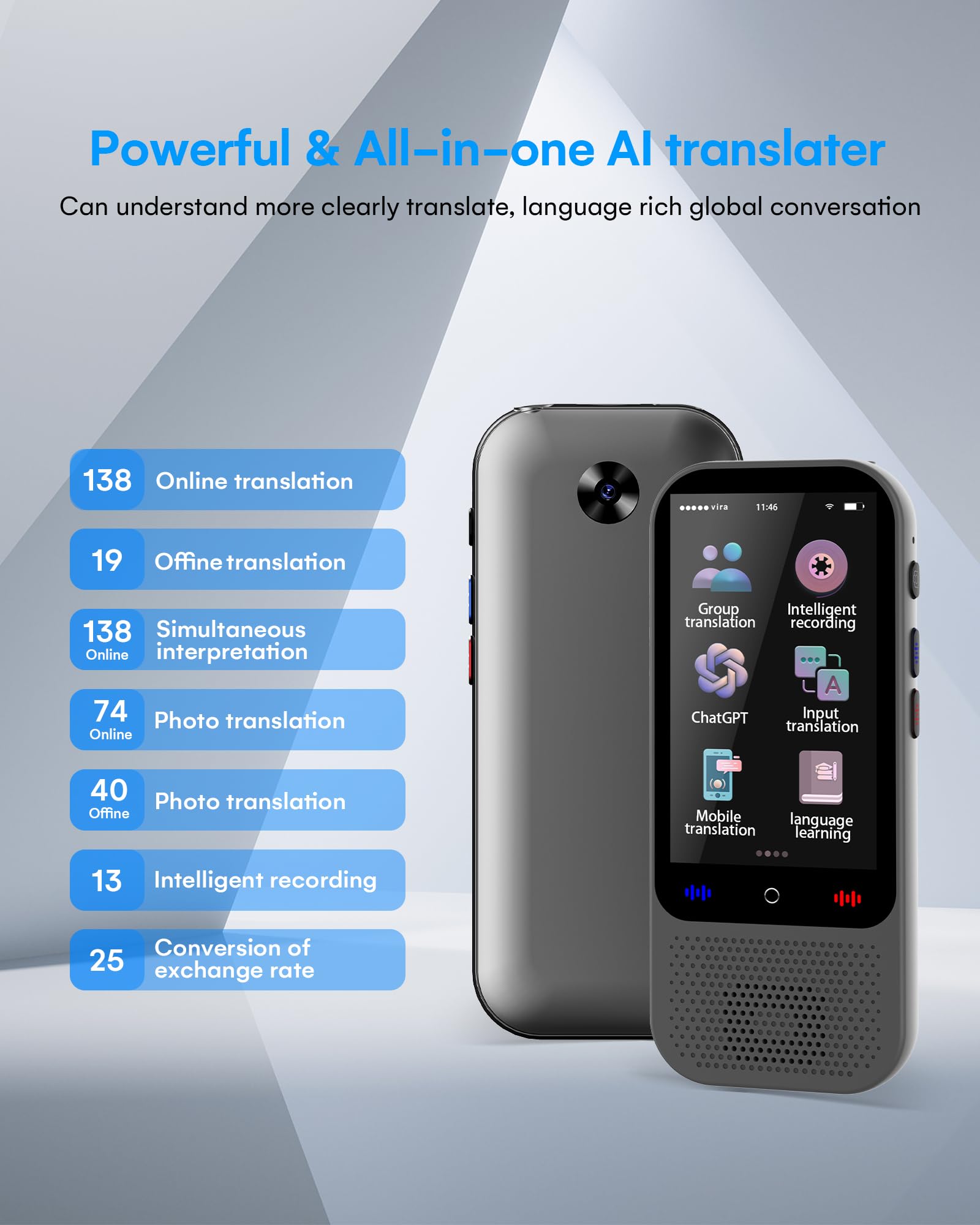 Language Translator Device No WiFi Needed, Upgraded S80 Pro Ai ChatGpt PortableTranslator with 138 Languages, Real-Time Two-Way Voice Offline/Photo/Translation Device for Travel Business Learning