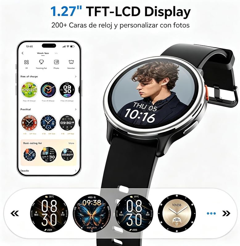 Reloj Inteligente Mujer Hombre,1.27" Smartwatch Mujer Redondo para iPhone/Samsung/Android,2 Correas y 120+ Modos Deportivos,Monitor de Sueño Funciones de Salud y Fitness 3ATM Impermeable,Negro
